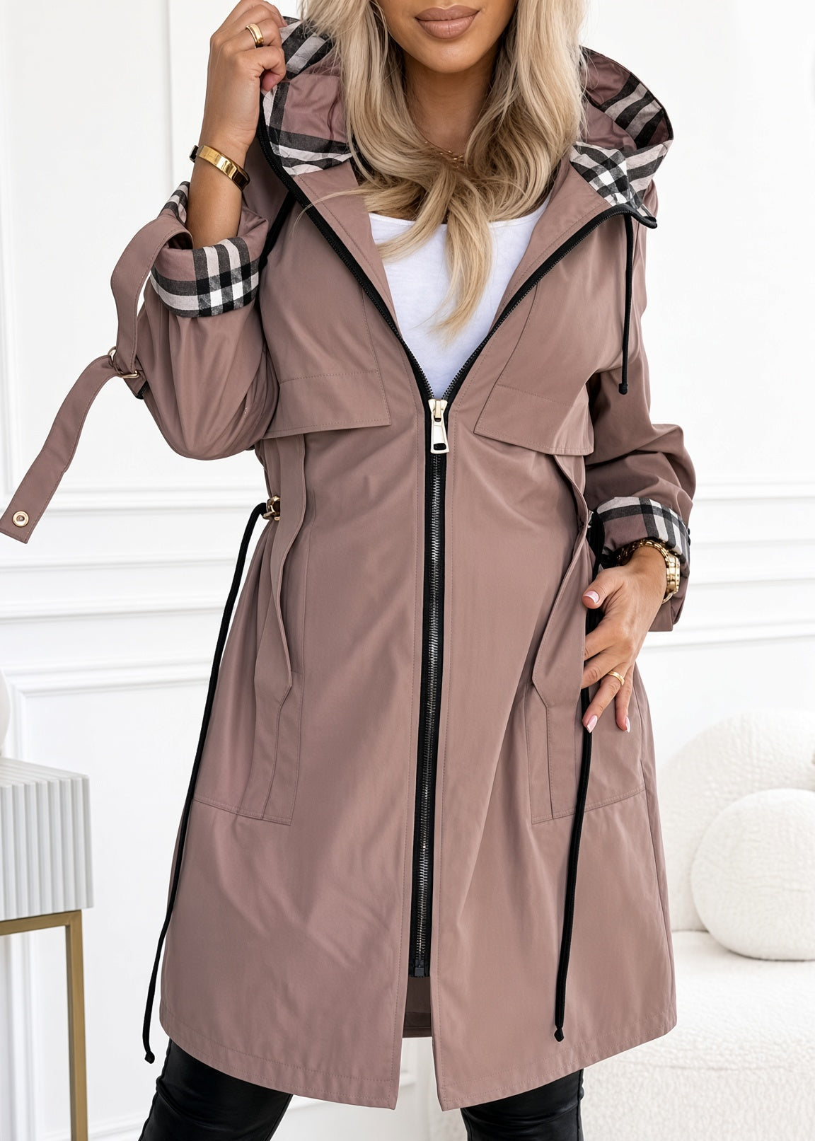 Matilda | Plaid-Trim Hooded Zip Coat