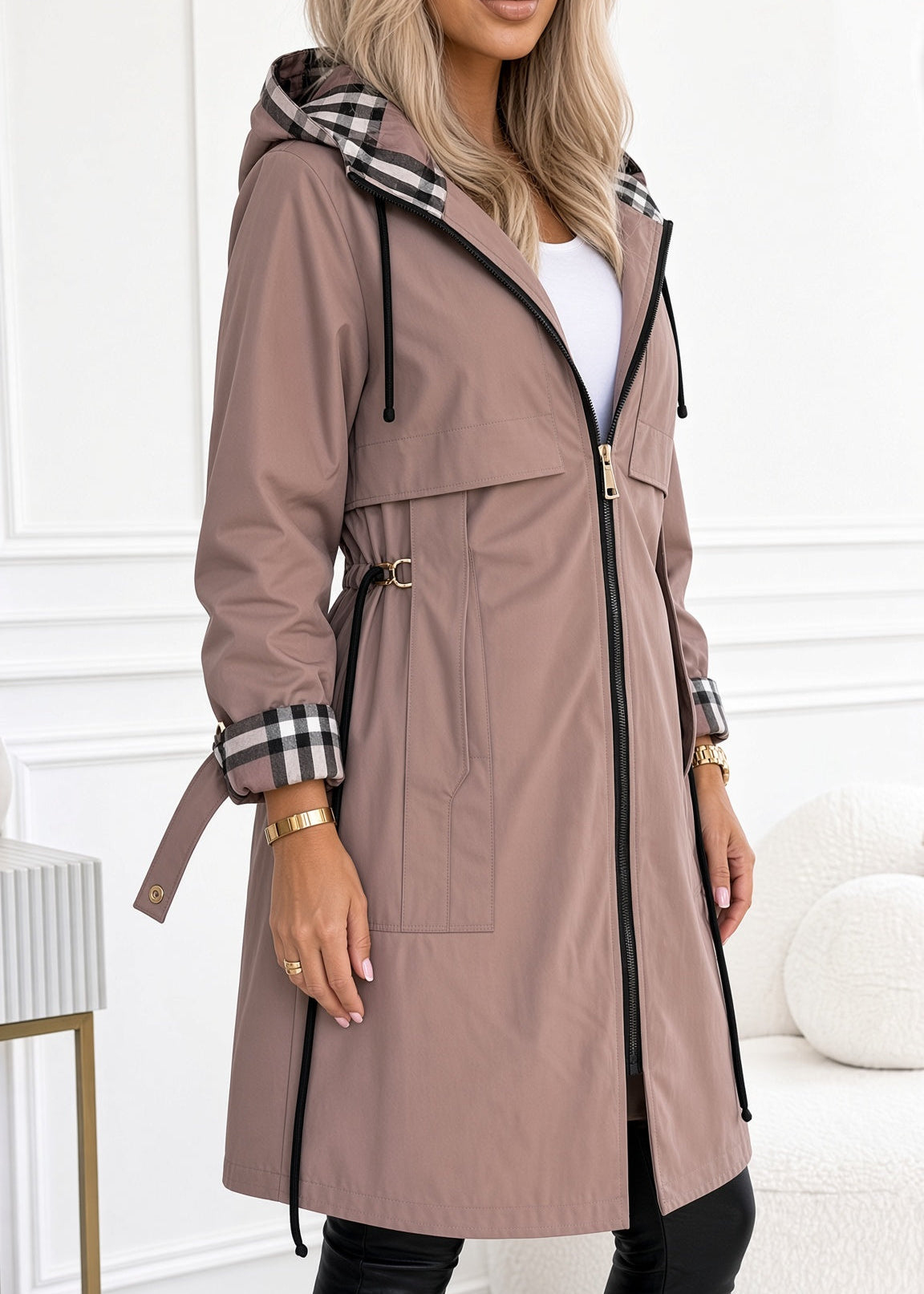 Matilda | Plaid-Trim Hooded Zip Coat