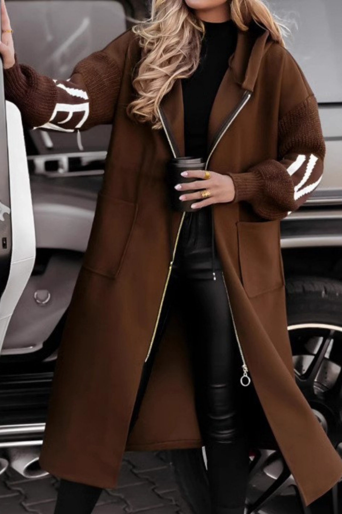 Elena | Knit-Sleeve Hooded Zip Coat