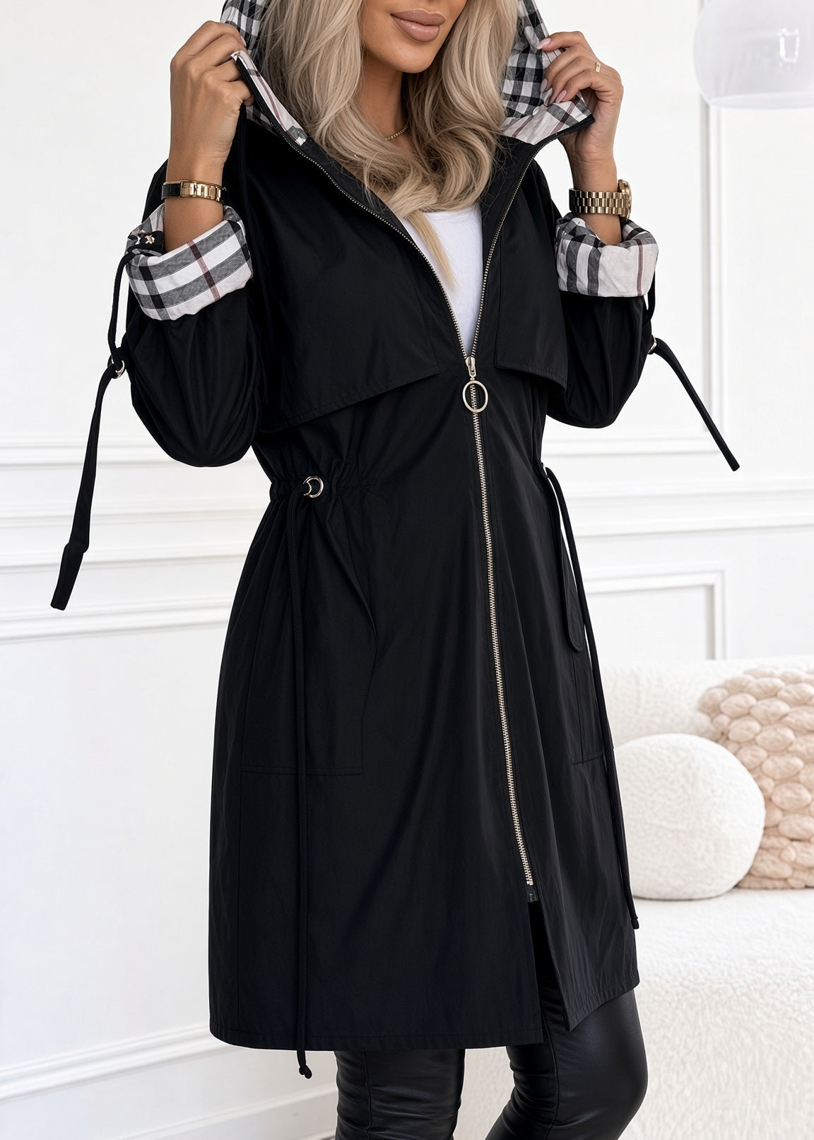 Matilda | Plaid-Trim Hooded Zip Coat