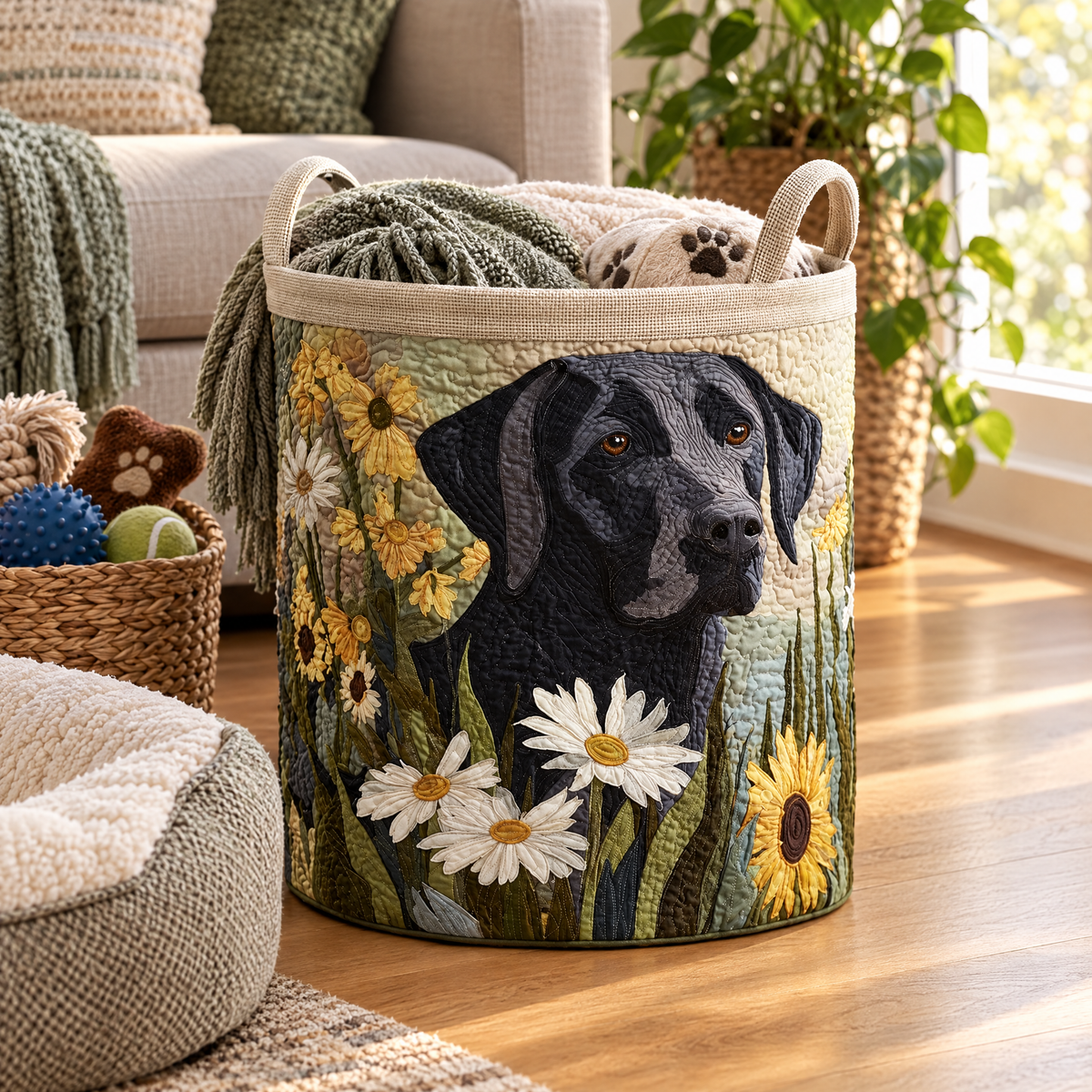 Floral Black Lab Laundry Basket