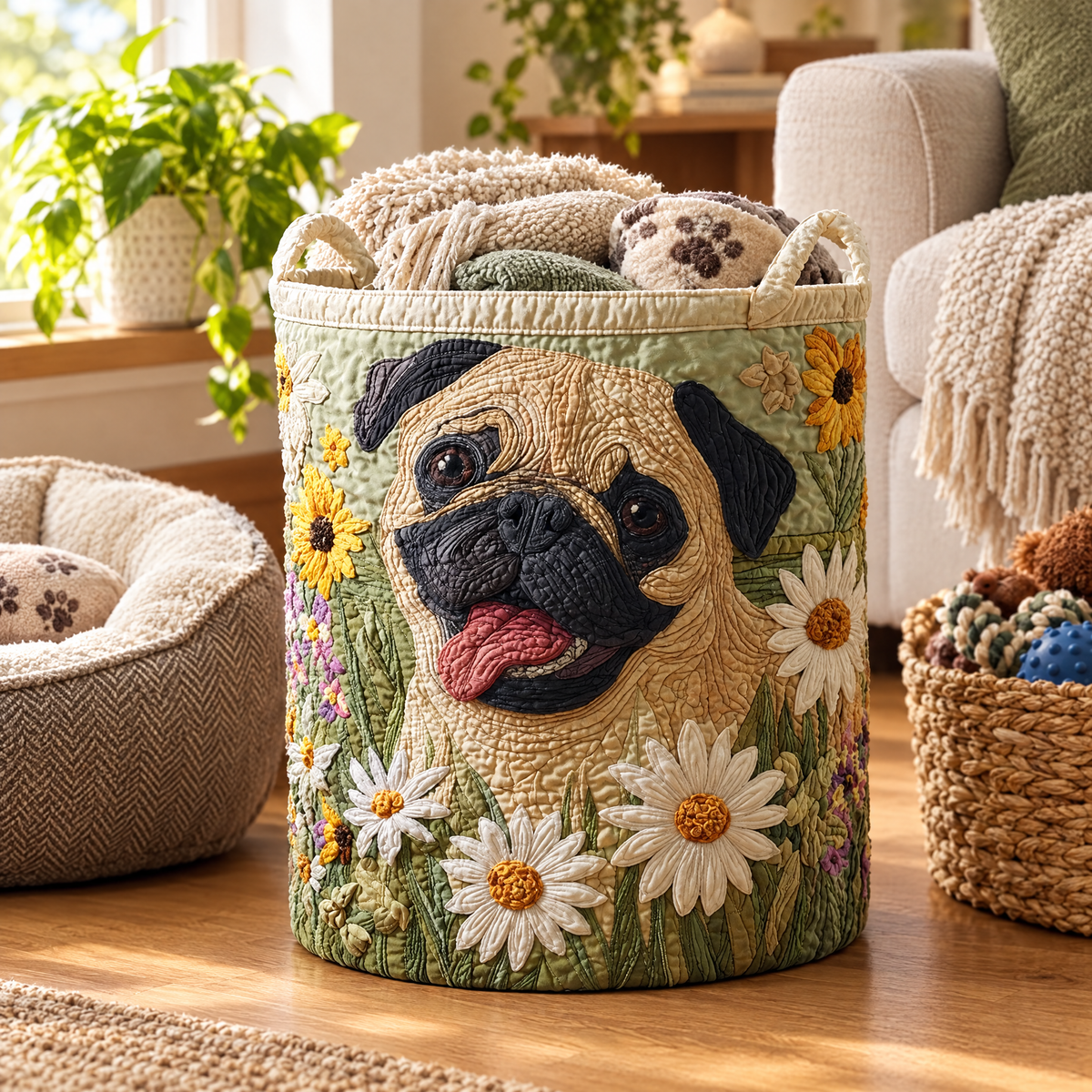 Pug Among the Daisies Laundry Basket