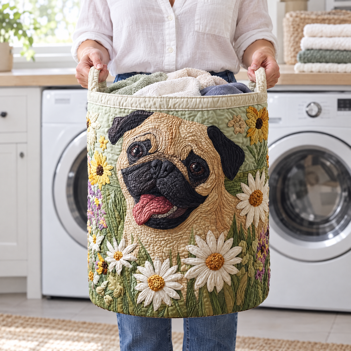 Pug Among the Daisies Laundry Basket